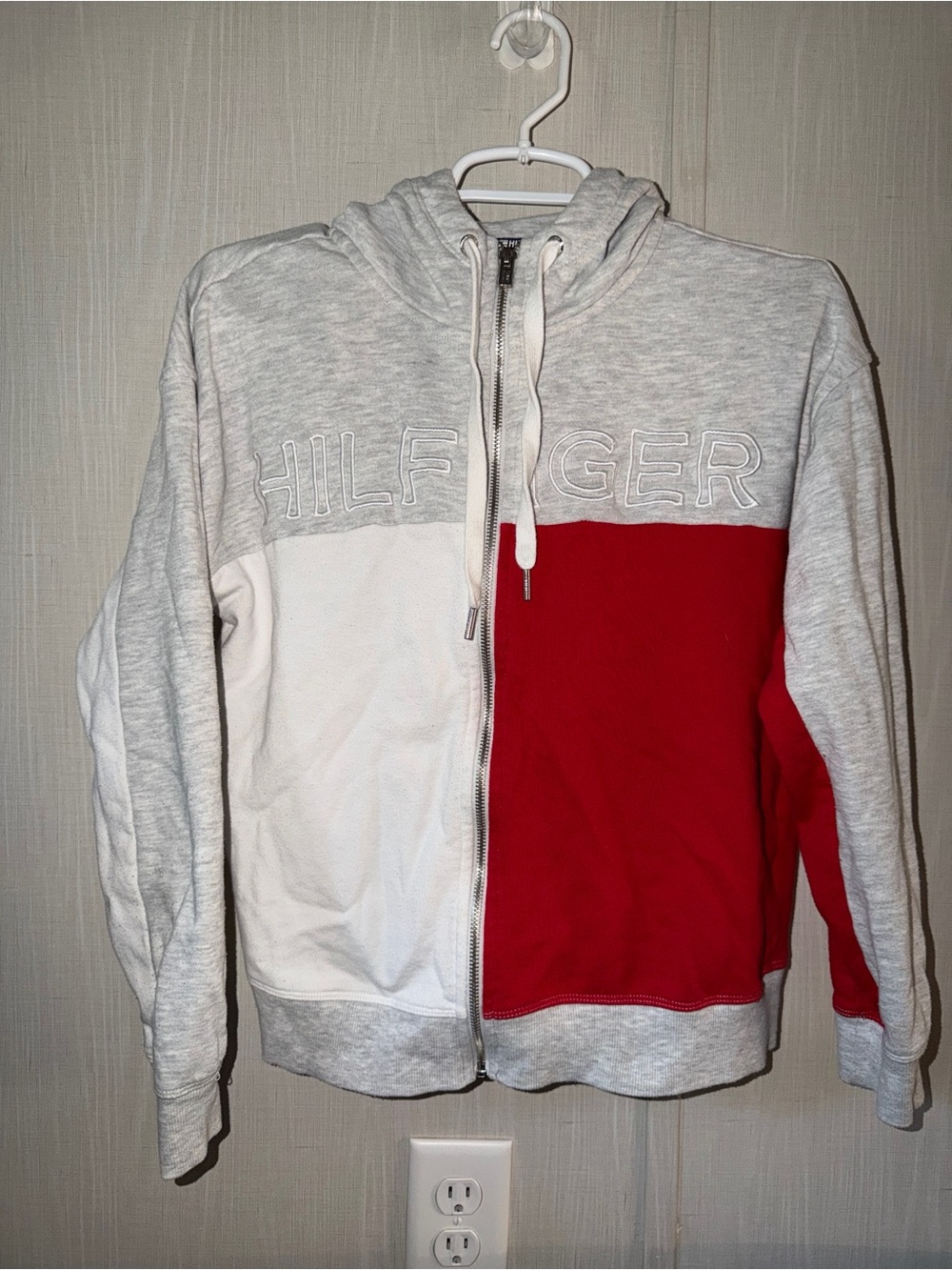 Tommy Hilfiger White and Red Colorblock Zip Hoodie